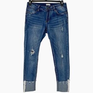 Suko Jeans Distressed Skinny Jean with Pearl Detailing Size 8
